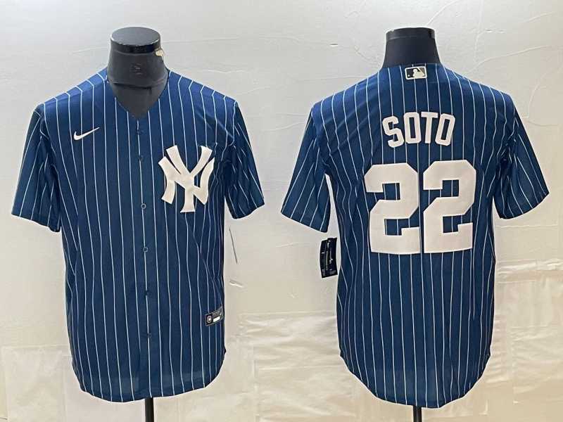 Mens New York Yankees #22 Juan Soto Blue Pinstripe Cool Base Stitched Baseball Jerseys